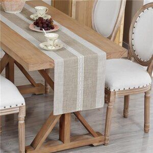 Farmhouse braided striped table runner rustic linen cotton embroidery 13x90
